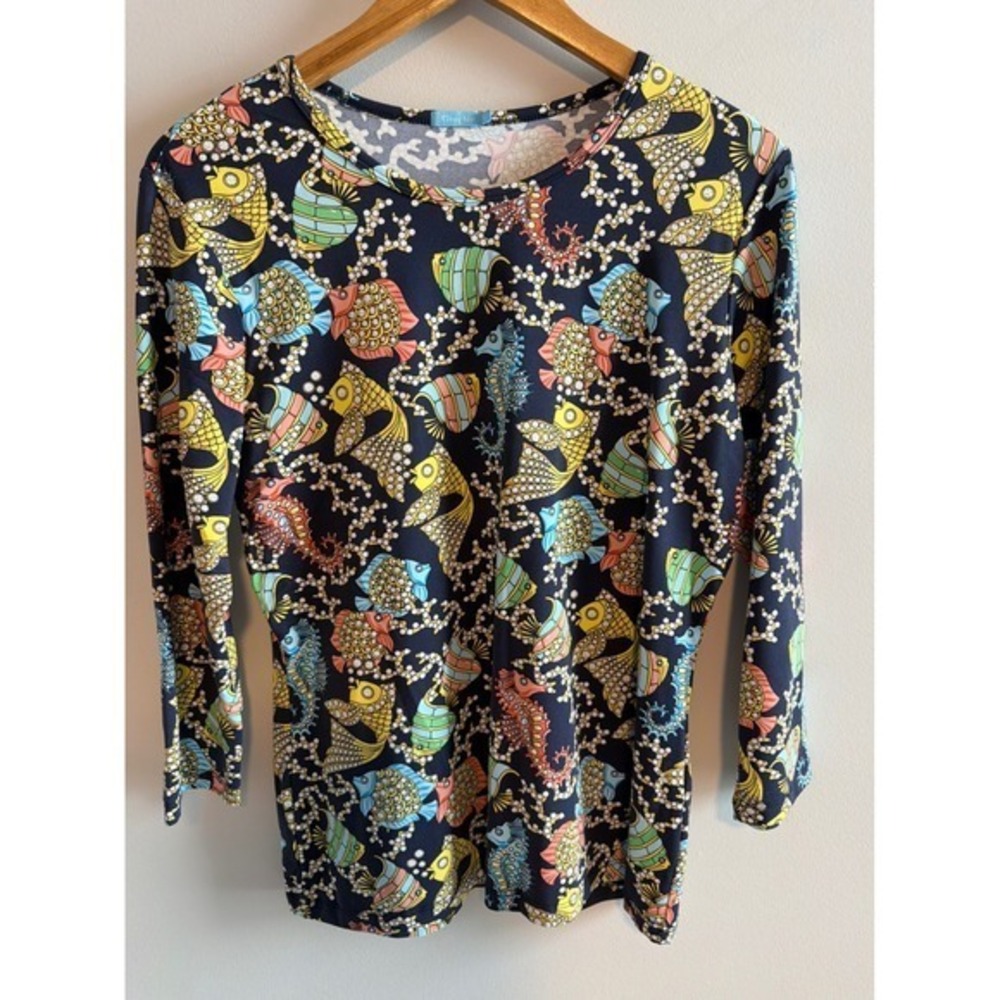 J. McLaughlin Signature Top Shirt Size Large Catalina Diamond Fish Coral Stretch